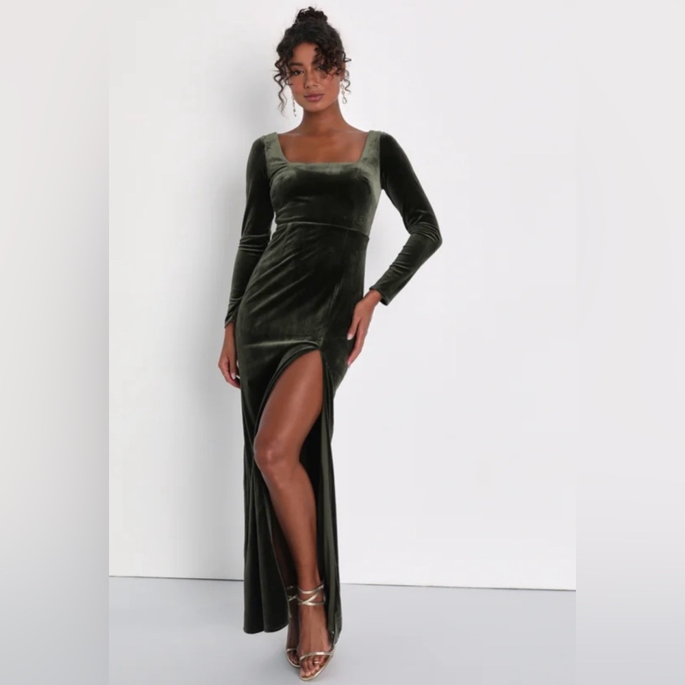 Lulus Lush Adventures Olive Green Velvet Long Sleeve Maxi Dress - Size XL